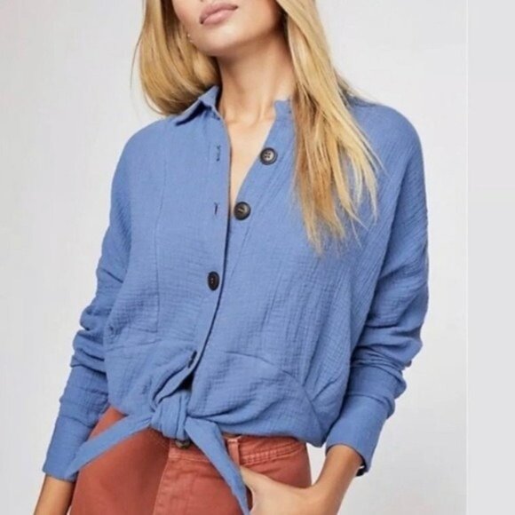 Free People Tops - Free People Sunstreaks Gauze Blue Tie Front Shirt Top M
